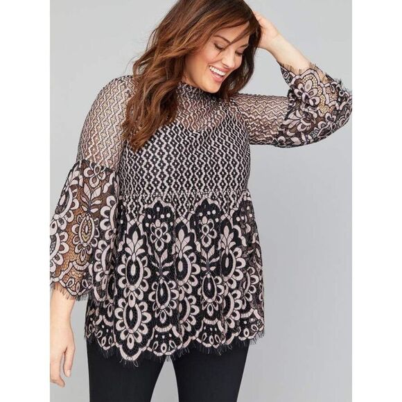 Lane Bryant Womens Pink Floral Lace Flare Sleeve Tunic Top sz 28 Babydoll Whimsi - Picture 1 of 8